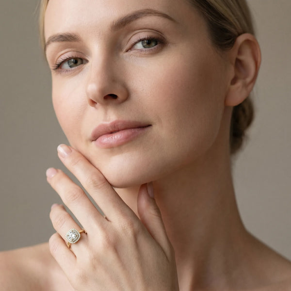 Yellow gold Round Diamond Double Halo Ring with Four-Prong Setting and Pavé Band