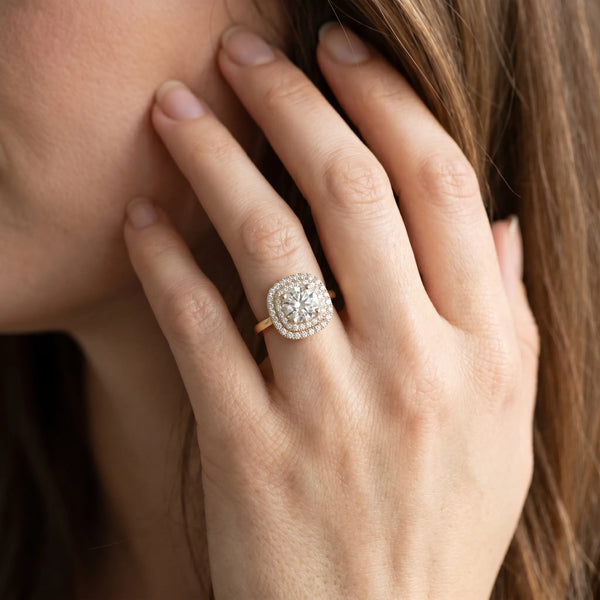 Yellow gold Round Diamond Double Halo Ring with Four-Prong Setting and Pavé Band