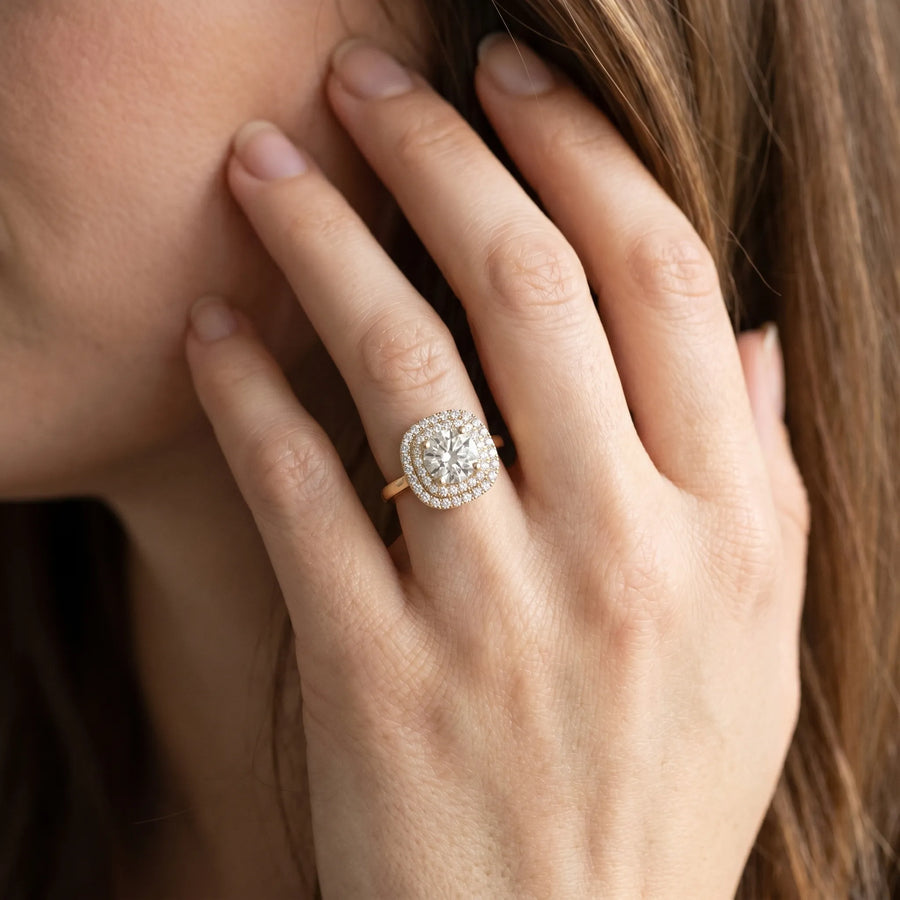 Yellow gold Round Diamond Double Halo Ring with Four-Prong Setting and Pavé Band