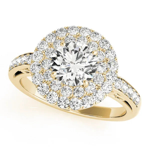 Yellow gold Round Diamond Double Halo Ring with Pavé Band and Four-Prong Setting