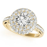 Yellow gold Round Diamond Double Halo Ring with Pavé Band and Four-Prong Setting