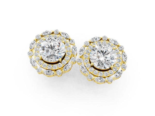 Yellow gold Round Diamond Double Halo Stud Earrings with Prong Setting