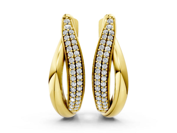 Yellow gold Round Diamond Double Row Huggie Hoop Earrings