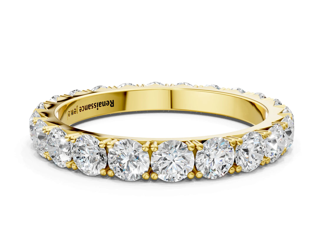 14K Yellow Gold Round Diamond Eternity Band with Pavé Setting and Shared Prong