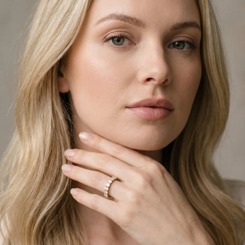 10K Yellow Gold Round Diamond Eternity Band with Pavé Setting and Shared Prong