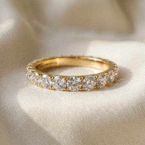 10K Yellow Gold Round Diamond Eternity Band with Pavé Setting and Shared Prong