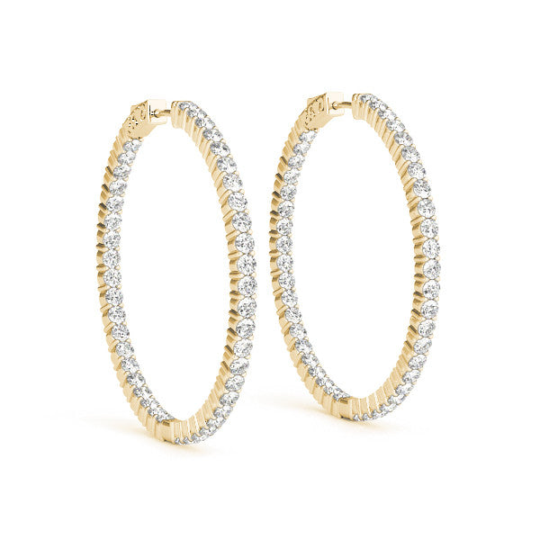 Yellow gold Round Diamond Eternity Hoop Earrings with Pavé Setting and Shared Prong