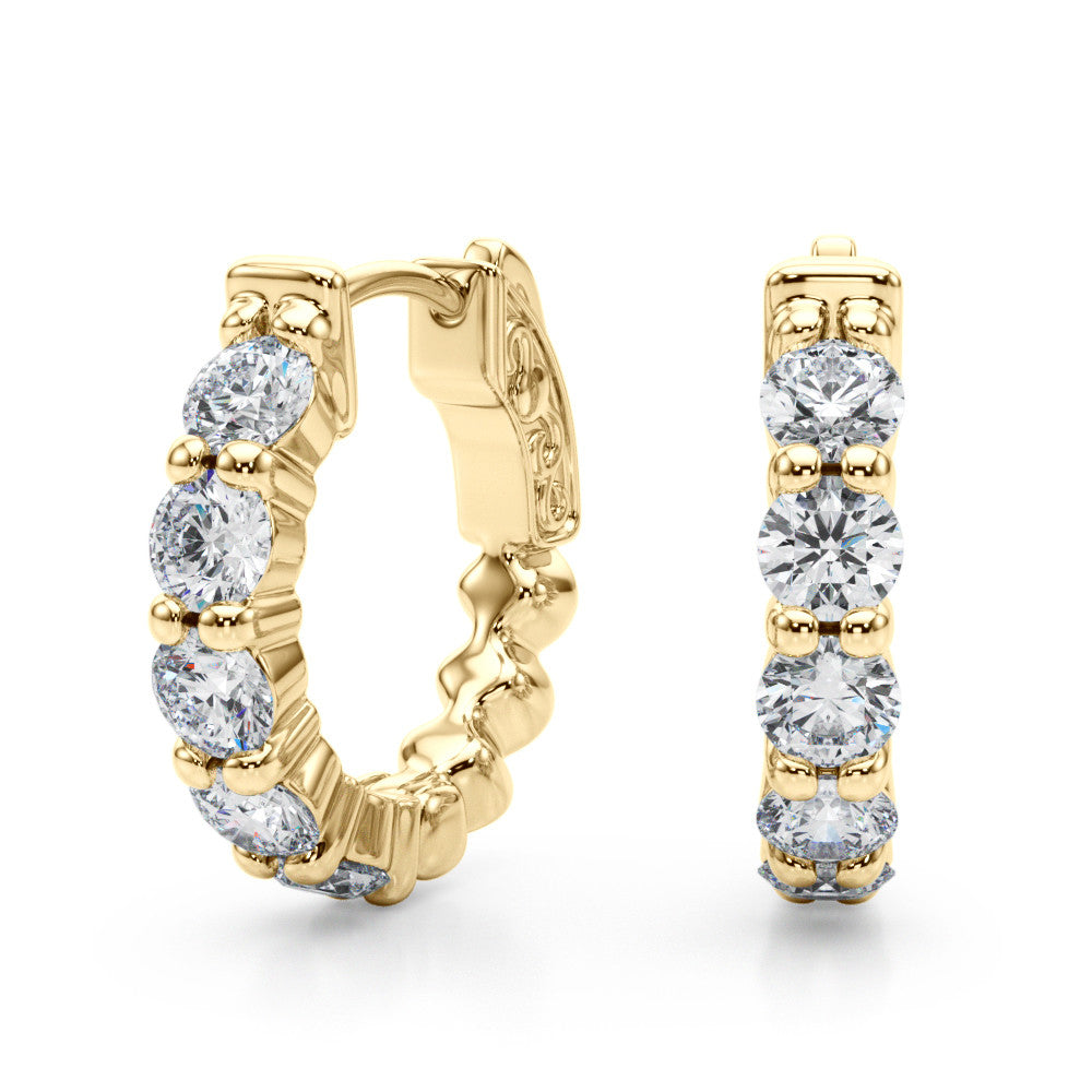 Yellow gold Round Diamond Eternity Hoop Earrings with Scalloped Band and Four-Prong Setting