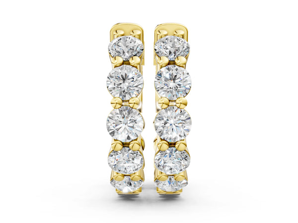 Yellow gold Round Diamond Eternity Hoop Earrings with Scalloped Band and Four-Prong Setting