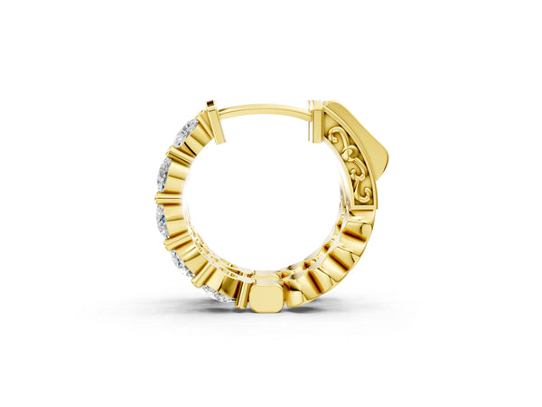 Yellow gold Round Diamond Eternity Hoop Earrings with Scalloped Band and Four-Prong Setting