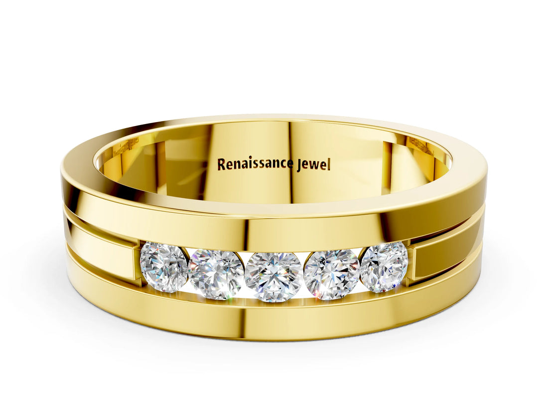 Yellow gold Round Diamond Five-Stone Channel Set Mens Band