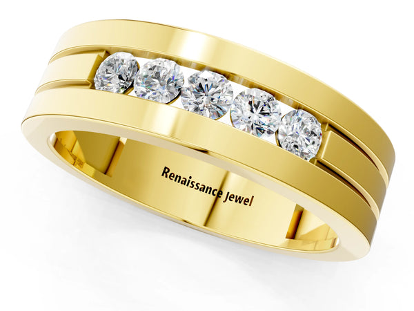 Yellow gold Round Diamond Five-Stone Channel Set Mens Band