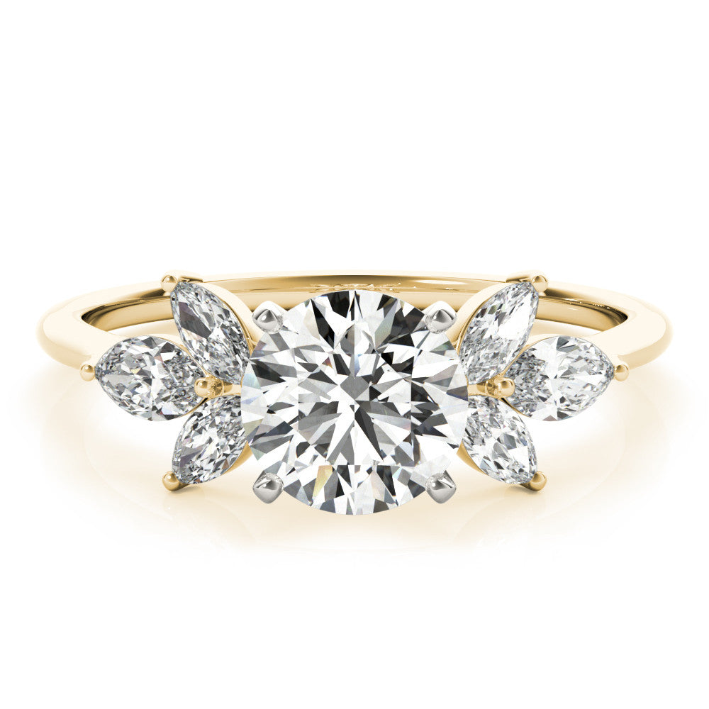 Yellow gold Round Diamond Floral Cluster Ring with Marquise Side Stones and Six-Prong Solitaire Setting 1