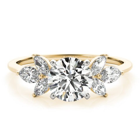 Yellow gold Round Diamond Floral Cluster Ring with Marquise Side Stones and Six-Prong Solitaire Setting 1