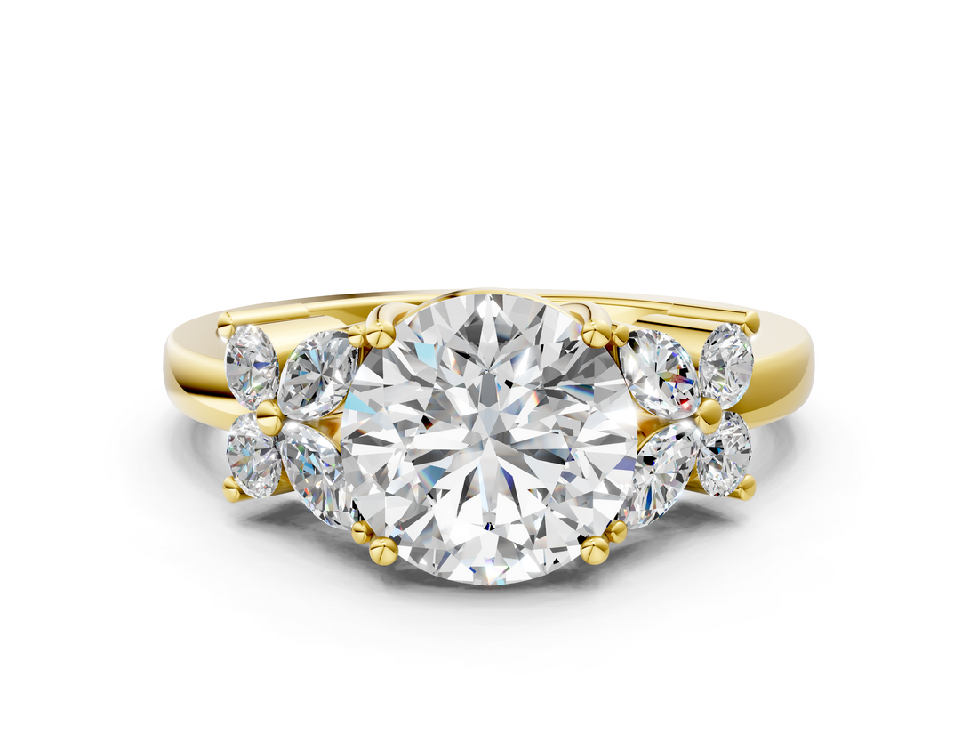 Yellow gold Round Diamond Floral Cluster Ring with Solitaire Band and Prong Setting_77
