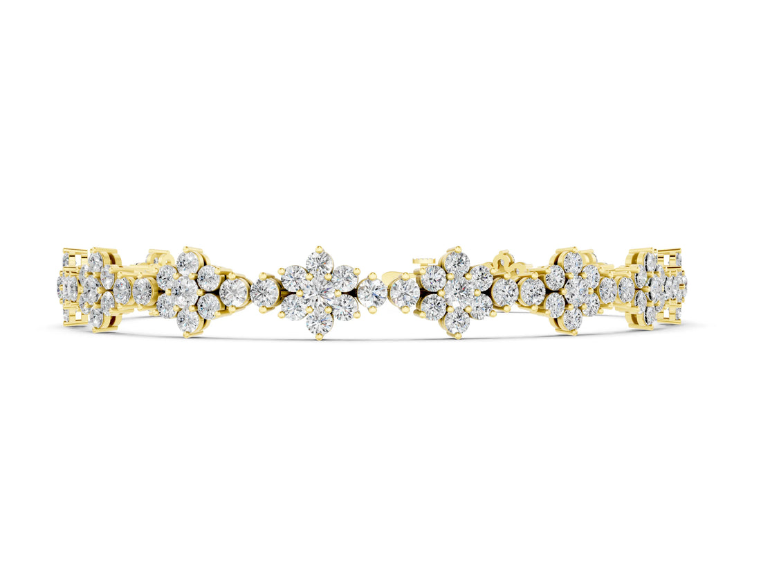 Yellow gold Round Diamond Floral Cluster Tennis Bracelet with Prong Setting_2