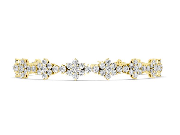 Yellow gold Round Diamond Floral Cluster Tennis Bracelet with Prong Setting