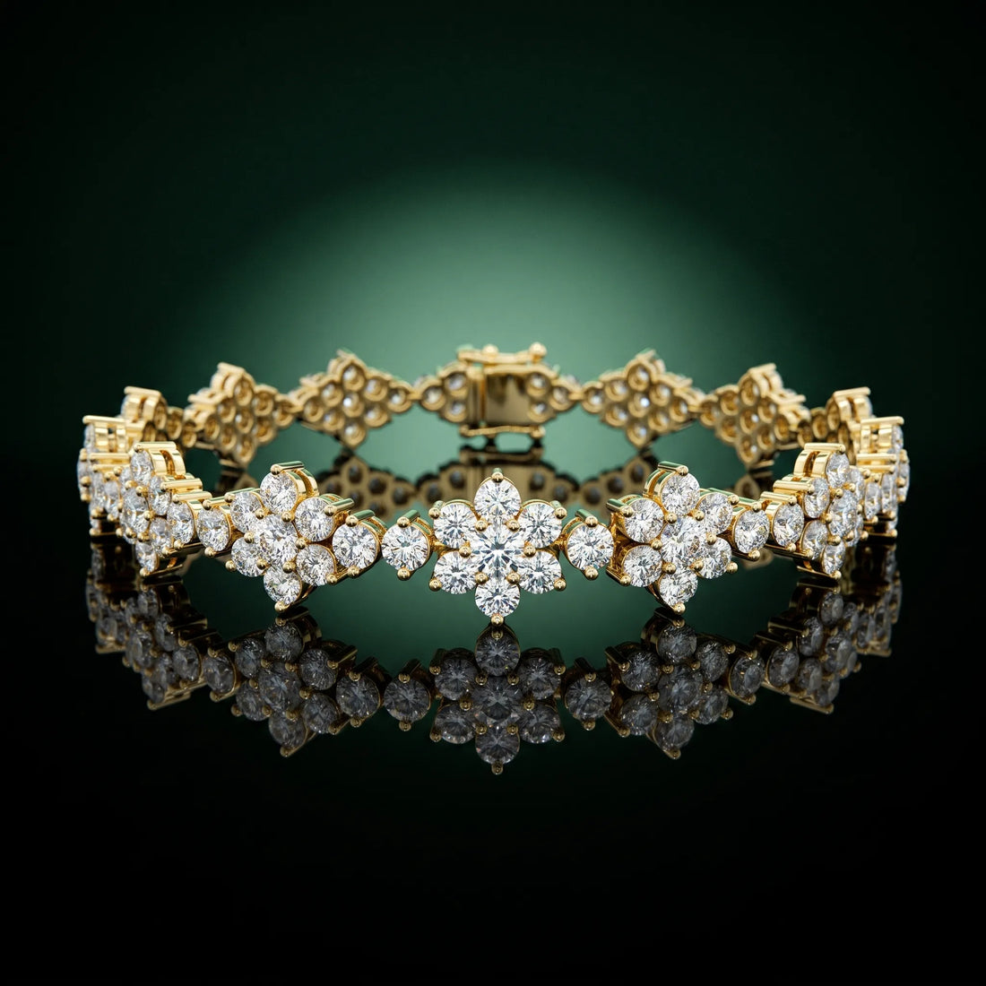 Yellow gold Round Diamond Floral Cluster Tennis Bracelet with Prong Setting_4