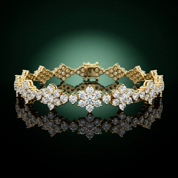 Yellow gold Round Diamond Floral Cluster Tennis Bracelet with Prong Setting