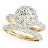 Yellow gold Round Diamond Floral Halo Ring with Pavé Band and Four-Prong Setting 1