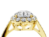 Yellow gold Round Diamond Floral Halo Ring with Pavé Band and Prong Setting_10