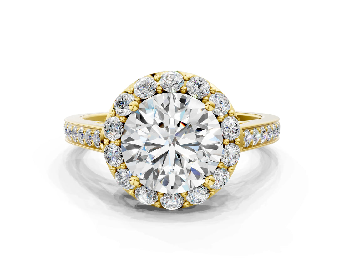 Yellow gold Round Diamond Floral Halo Ring with Pavé Band and Prong Setting_6