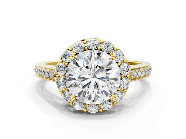 Yellow Gold Round Halo Engagement Ring Setting with Large Round Accents and Pave Band