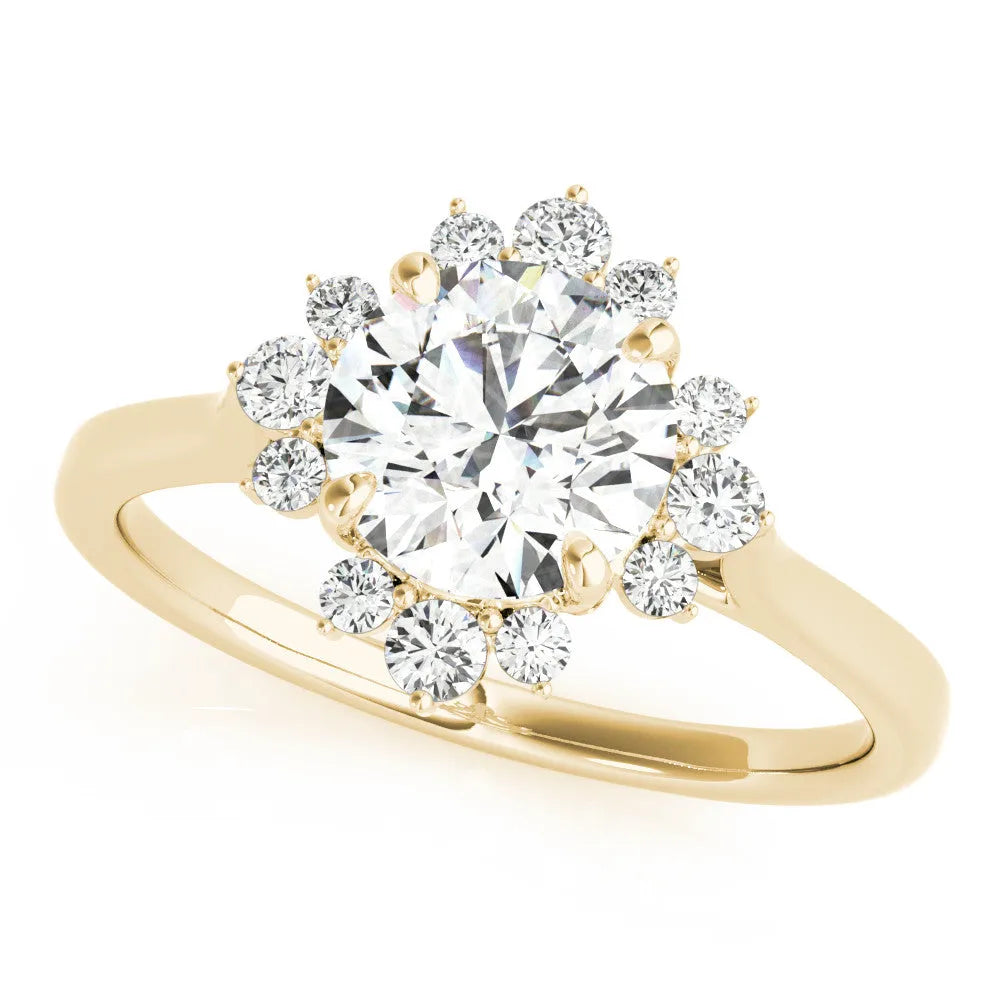 Yellow gold Round Diamond Floral Halo Ring with Plain Band and Prong Setting