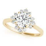 Yellow gold Round Diamond Floral Halo Ring with Plain Band and Prong Setting
