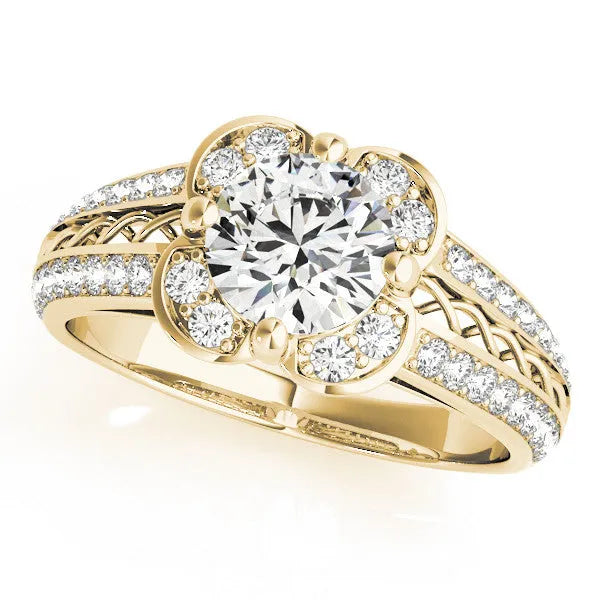 Yellow gold Round Diamond Floral Halo Split Shank Engagement Ring