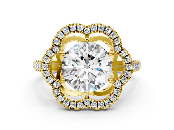 Yellow gold Radiant Cut Diamond Floral Halo Split Shank Prong Setting Ring