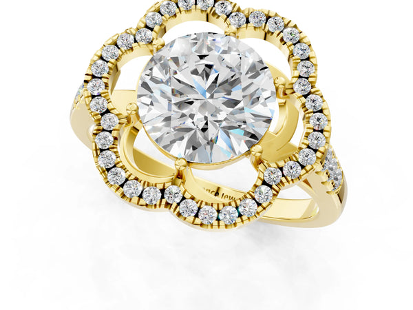 Yellow gold Radiant Cut Diamond Floral Halo Split Shank Prong Setting Ring
