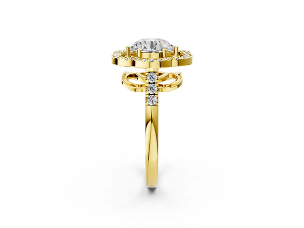 Yellow gold Radiant Cut Diamond Floral Halo Split Shank Prong Setting Ring