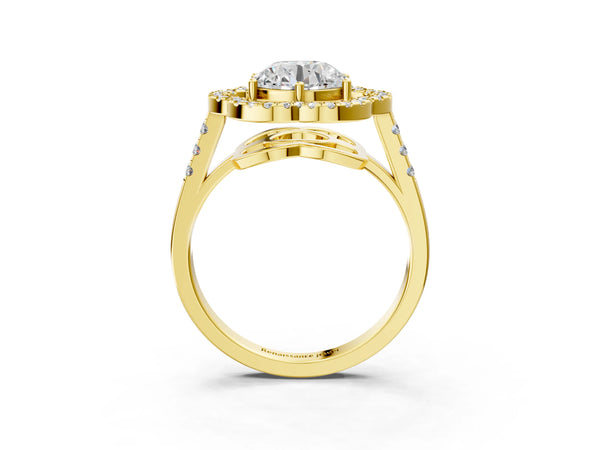Yellow gold Radiant Cut Diamond Floral Halo Split Shank Prong Setting Ring