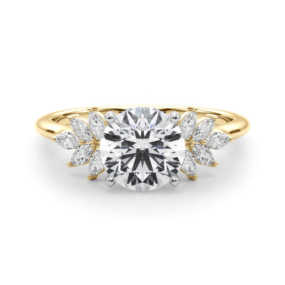 Yellow gold Round Diamond Floral Side Stone Solitaire with Marquise Accents and Four-Prong Setting 1