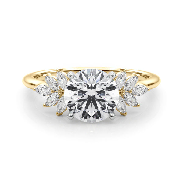 Yellow gold Round Diamond Floral Side Stone Solitaire with Marquise Accents and Four-Prong Setting