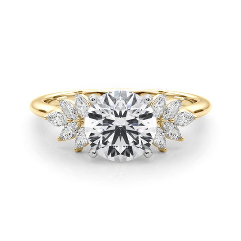 Yellow gold Round Diamond Floral Side Stone Solitaire with Marquise Accents and Four-Prong Setting 1
