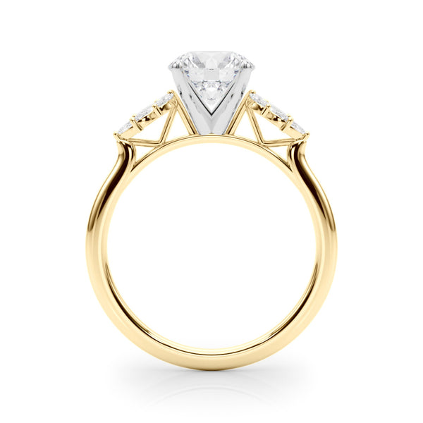 Yellow gold Round Diamond Floral Side Stone Solitaire with Marquise Accents and Four-Prong Setting