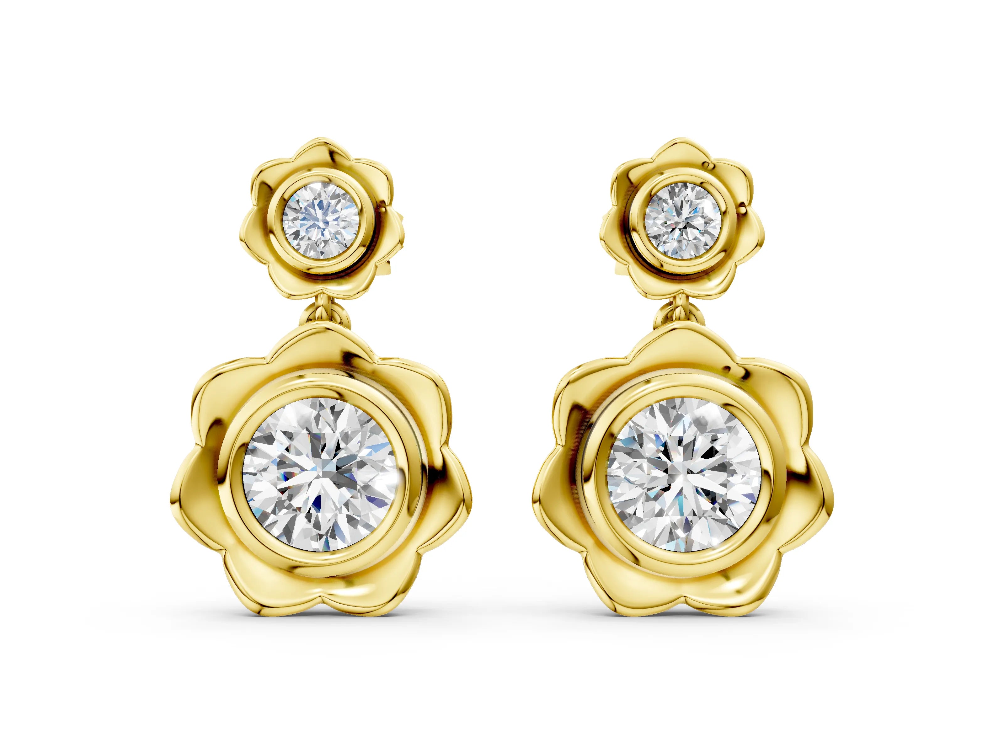 Yellow gold Round Diamond Flower Drop Earrings with Lab Diamond Accents_4