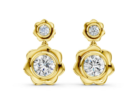 Yellow gold Round Diamond Flower Drop Earrings with Lab Diamond Accents_4