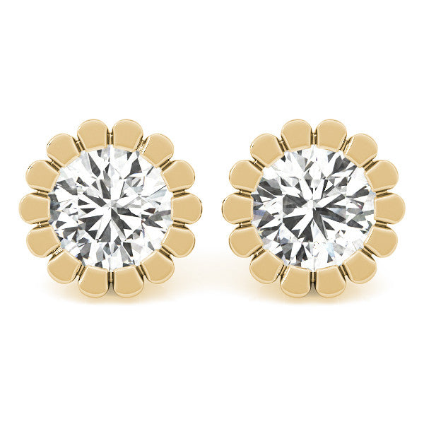 Yellow gold Round Diamond Flower Halo Stud Earrings with Petal Prong Setting