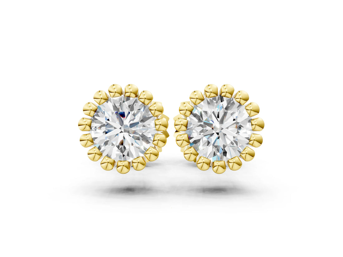 Yellow gold Round Diamond Flower Halo Stud Earrings with Petal Prong Setting_10