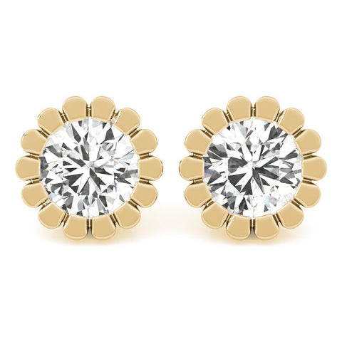 Yellow gold Round Diamond Flower Halo Stud Earrings with Petal Prong Setting