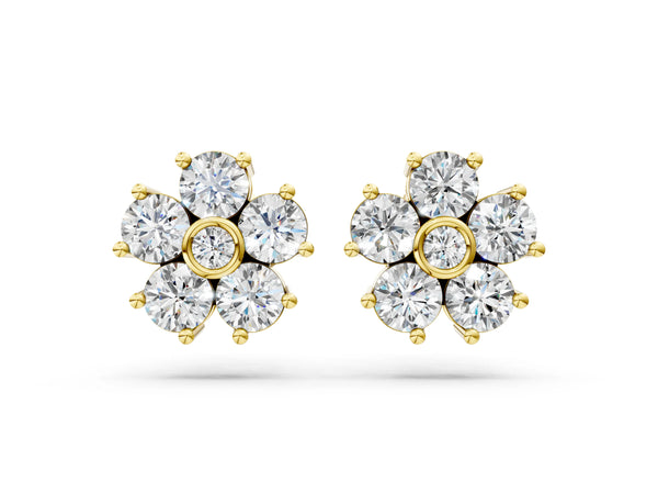 Yellow gold Round Diamond Flower Stud Earrings with Diamond Accent