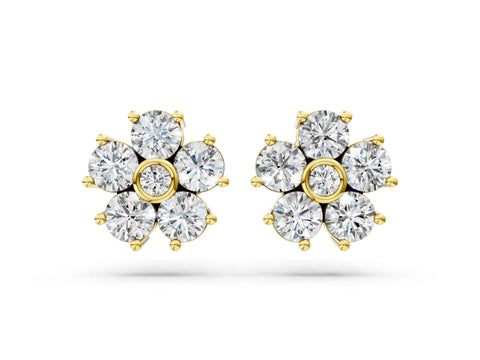Yellow gold Round Diamond Flower Stud Earrings with Diamond Accent_4