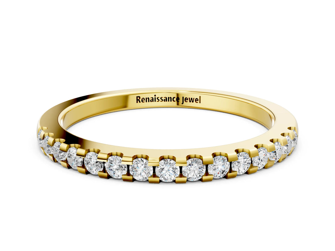 Yellow gold Round Diamond Half Eternity Band with Pavé Setting and Shared Prong_4