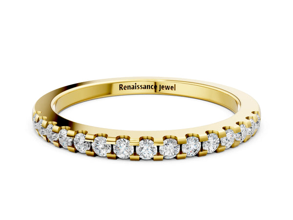 Yellow gold Round Diamond Half Eternity Band with Pavé Setting and Shared Prong