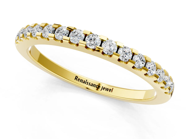 Yellow gold Round Diamond Half Eternity Band with Pavé Setting and Shared Prong