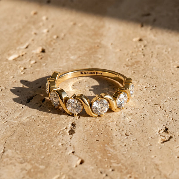 Yellow gold Round Diamond Half Eternity Band with Wave Prong Setting