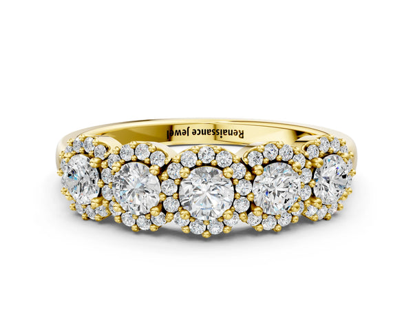 Yellow gold Round Diamond Halo Five-Stone Prong Set Band